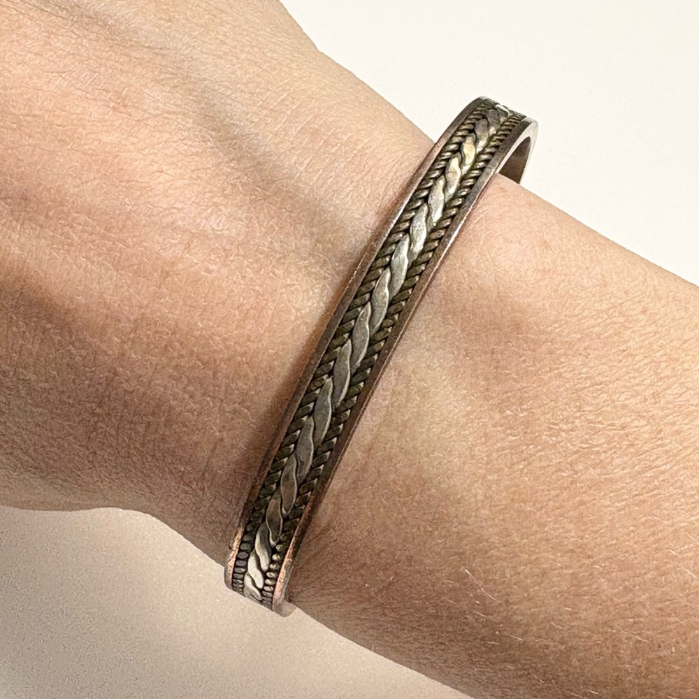 Avon SH Gold Silver Copper Brass Tone Chain Textured Cuff Bracelet